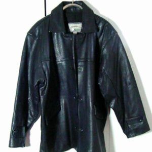 Vtg Black Leather Jacket American Crossroads Biker Moto Front/Side Button Sz 4XL